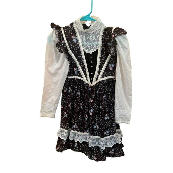 Vintage Girls Prairie Dress 1980s Black Floral Lace Victorian Style Size 6/7 - Picture 2 of 6